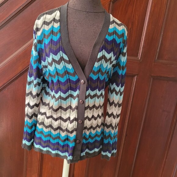 Chevron Pattern Cardigan Sweater 1x By Cotton Emporium Acrylic Knit Blue/Gray - Picture 1 of 6